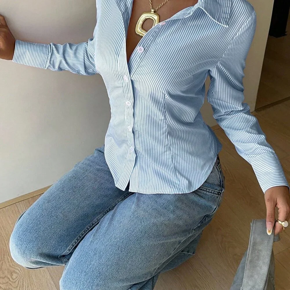 Blue Casual Women's Striped Tie-Waist Slim Fit Long Sleeve Shirt - Picture 5 of 6